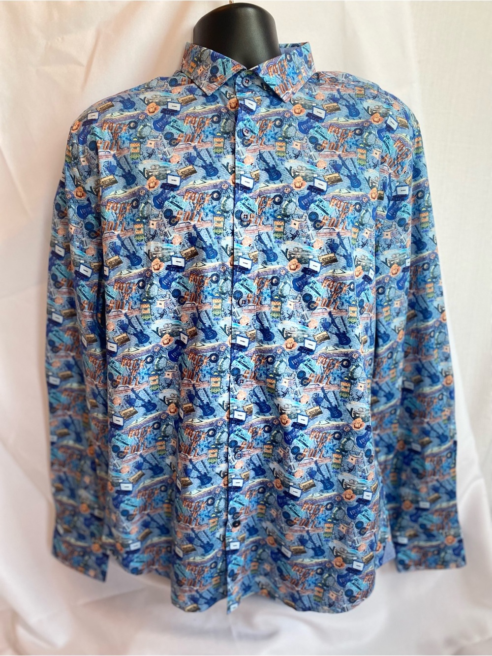 A Fish Named Fred Men L Rock N Roll Guitar Vinyl Graphic Button Up Flip Cuff EUC